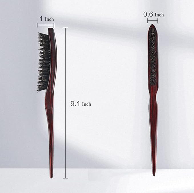PERFEHAIR 100% Pure Boar Bristle Teasing Hair Brush with Wooden Handle, 3 Row Slim Backcombing Brush, 8.8 inch