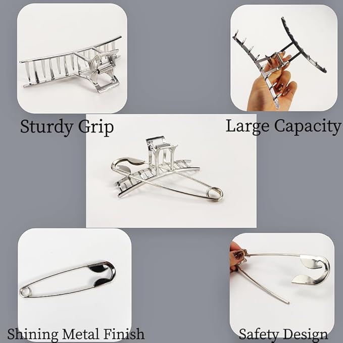 Goth Silver Metal Hair Styling Accessory Set, Extra Large Claw Clip and Oversized Safety Pin, Non-Slip Jaw Clip for Thick Hair, Stylish Headpieces for Daily&Party Outfit Bath Makeup Organize
