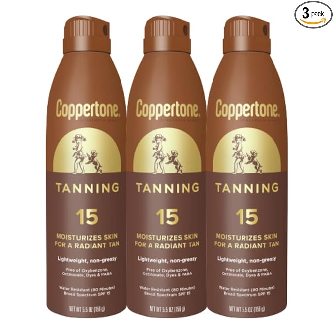 Coppertone Tanning Sunscreen Spray with Broad Spectrum SPF 15, Water Resistant Spray Sunscreen, Lightweight and Non-Greasy, 5.5 Oz, Pack of 3