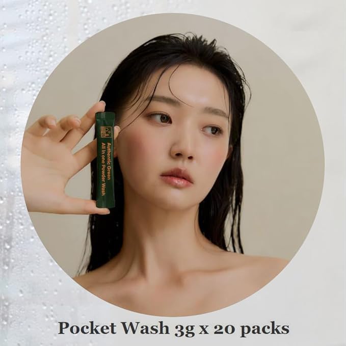 Authentic Green All In One Powder Wash ㅣ Portable Natural Cleanser For Face ㅣ Travel Friendly Skincare ㅣ Easy Dissolving Powder Formula ㅣ Hygienic Single Use ㅣ Botanical Extracts ㅣ3g X 20P
