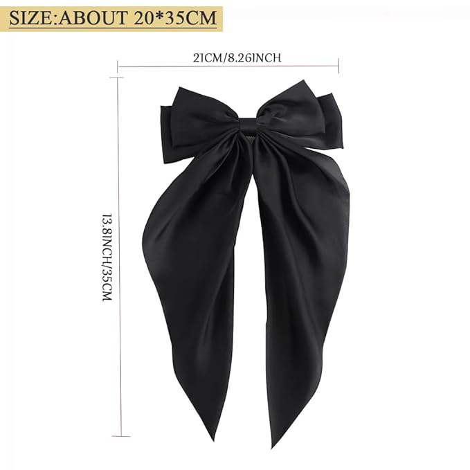 Silky Satin Oversized Long-tail Bow Clip, Large Black Hair Bow for Women Girl, Hair Accessories with Long Tail, 2Pcs