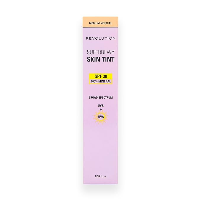 Revolution Superdewy SPF 30 Skin Tint, Tinted Mineral Face Foundation, Buildable Coverage for Facial Glow, 12% Zinc Oxide, Vegan & Cruelty-Free, Medium Neutral