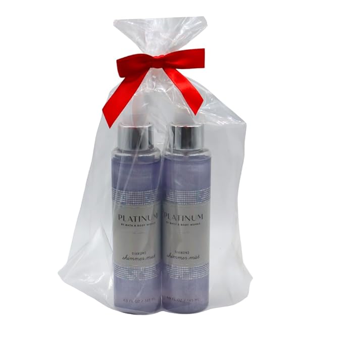 Bath & Body Works PLATINUM Diamond Shimmer Mist 2-piece Set with a Red Bow for Holidays & Gifts 4.9 fl oz each