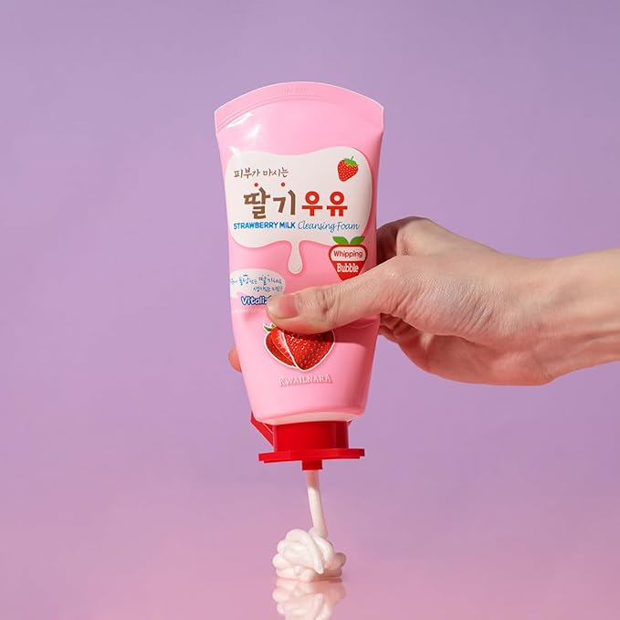 Kwailnara Strawberry Milk Facial Cleanser (4.06 Fl Oz) – Korean Face Wash for Vibrant & Lively Skin | Milk Protein, Royal Jelly & Brightening Strawberry Extract | Creamy Whipped Foam
