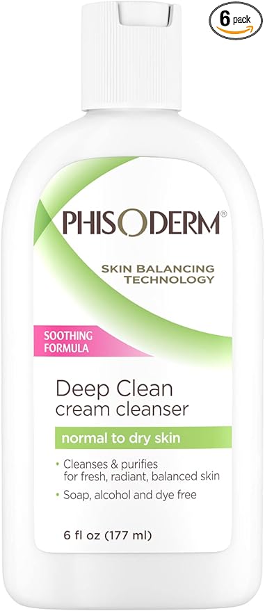 Phisoderm Deep Cleaning Cream Cleanser for Normal to Dry Skin 6 (177 ml) alcohol free soap free dermatologist tested facial wash (Packaging May Vary) (5210), 36 Fl Oz (Pack of 6)