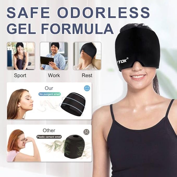 Migraine Relief Gel Ice Head Wrap, Hot and Cold Therapy Headache Relief Hat, Migraine Cap for Puffy Eyes, Headache Eyes Mask for Sinus, Tension and Stress Relief (Black & Black)