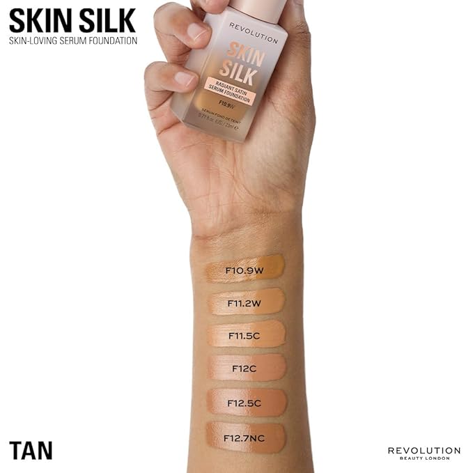 Revolution Skin Silk Radiant Satin Serum Foundation, Buildable Coverage with Hydrating Hyaluronic Acid for a Natural Finish, Vegan & Cruelty-Free, F12.5C Tan Skin Tones, 0.77 fl oz