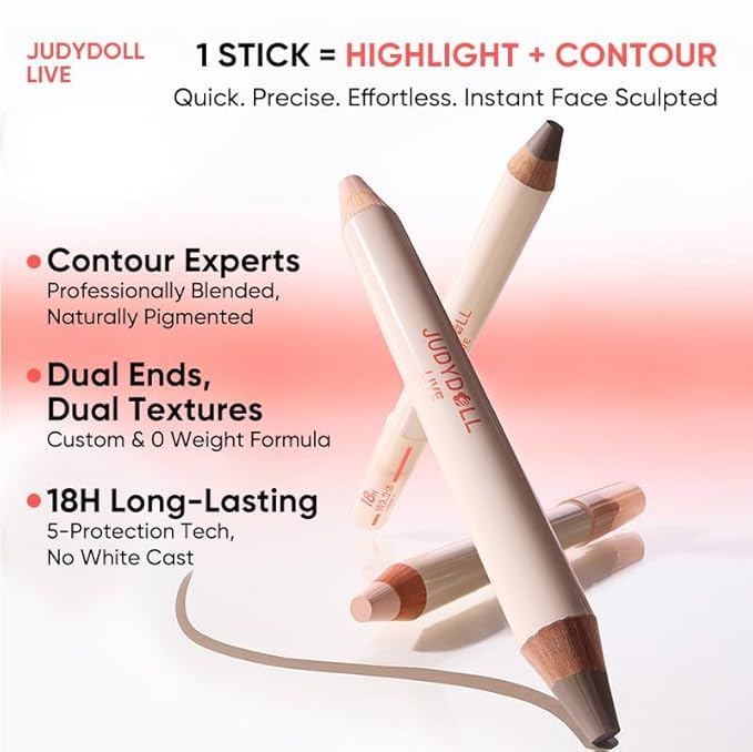 JUDYDOLL Quick-Fix Contour Duo, 2-in-1 Cream Contour Stick with Highlighter,18H Waterproof & Sweat-Proof, Lightweight Non-Sticky Formula, For Sculpting & Defining (02)