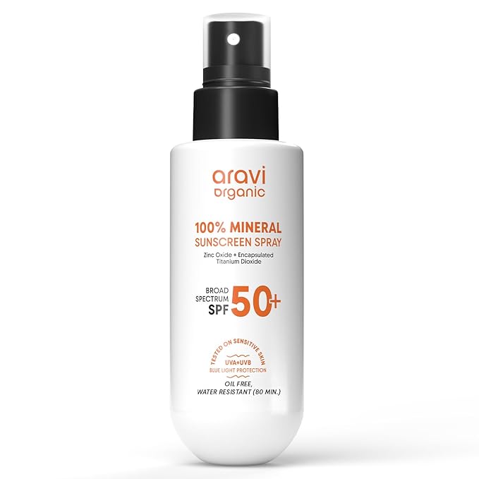 Aravi Organic 100% Mineral Sunscreen Spray Mist SPF 50 | Broad Spectrum | Water Resistant 80 Mi | Lightweight, No White Cast | Reef Safe + Oxybenzone Free | Zinc Oxide & Titanium Dioxide | 3.3 fl oz