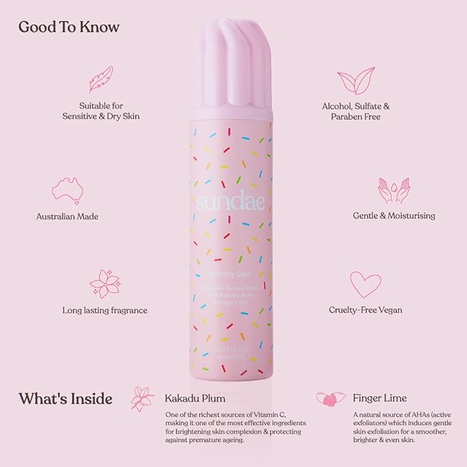 sundae Whipped Shower Foam Birthday Cake Foaming Body Wash 8.9 fl oz, 265ml with Kakadu Plum & Finger Lime