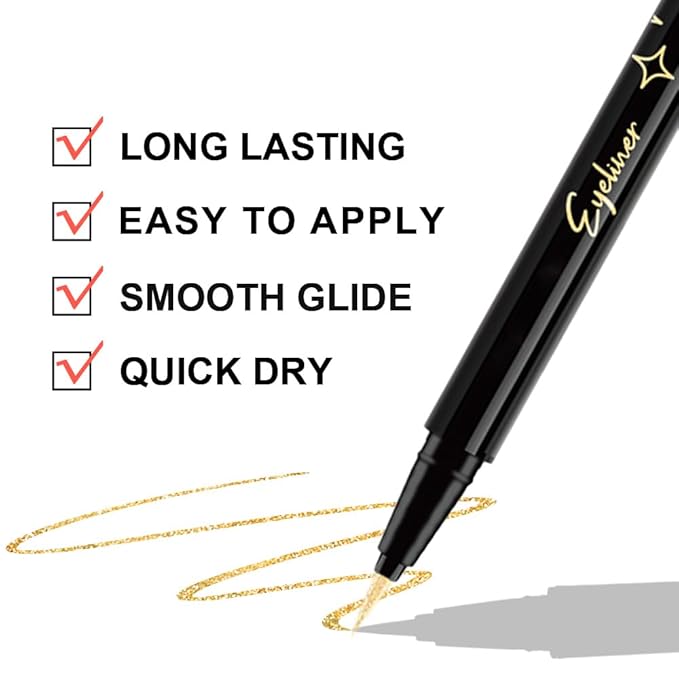 evpct 1Pcs Gold Glitter Sparkling Liquid Eyeliner, Metallic Shimmer Light Silver Eyeliner Liquid Eye Liner Eyeshadow Pencil Face Body Glitter Makeup, Longwear Waterproof, Fake Eyelashes Mascara