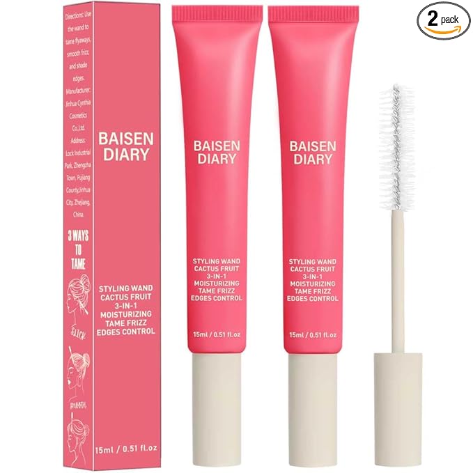 BAISEN DIARY 2 Pack Hair Cactus Fruit 3-in-1 Hair Styling Cream & Flyaway Taming Wand – Sleek Finish, Frizz Control, Edge Smoothing & Hair Shine | Natural Oils Formula | Lightweight, Non-Greasy