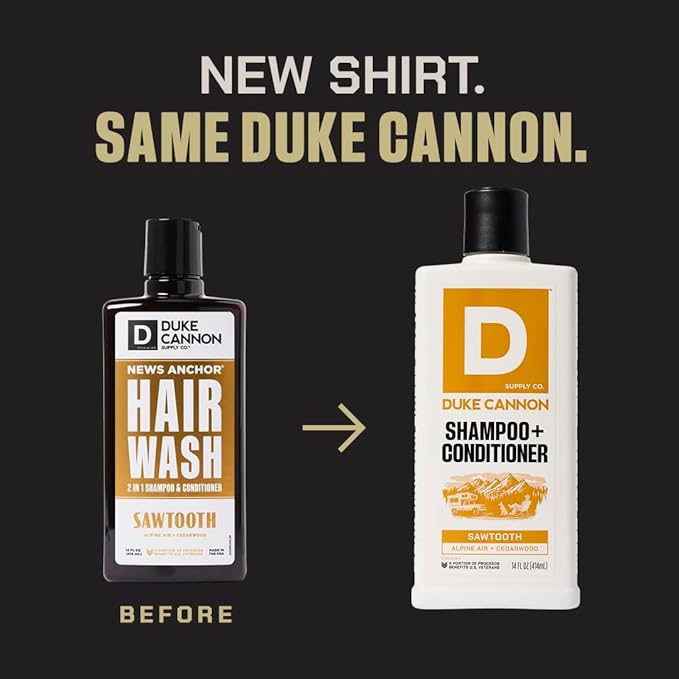 Duke Cannon Supply Co. 2-in-1 Hair Wash - Masculine Scent - Gentle Cleansing Hair Wash For Men - Stimulating Hair Shampoo & Conditioner - Strengthens Hair - Sawtooth - 2 Pack (14 oz)