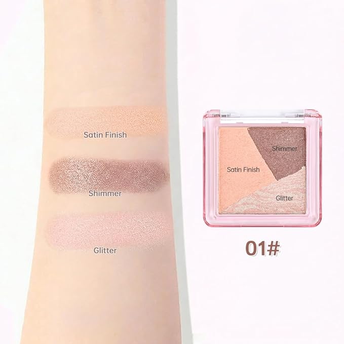 Neutral Pink Brown Shimmer Baked Eyeshadow Palette, 3 Color High Pigment Blendable Smooth Eye Shadow Makeup for Older Women, Travel Mini Palette Suitable for All Eye Shapes Vegan & Cruelty-Free 01#