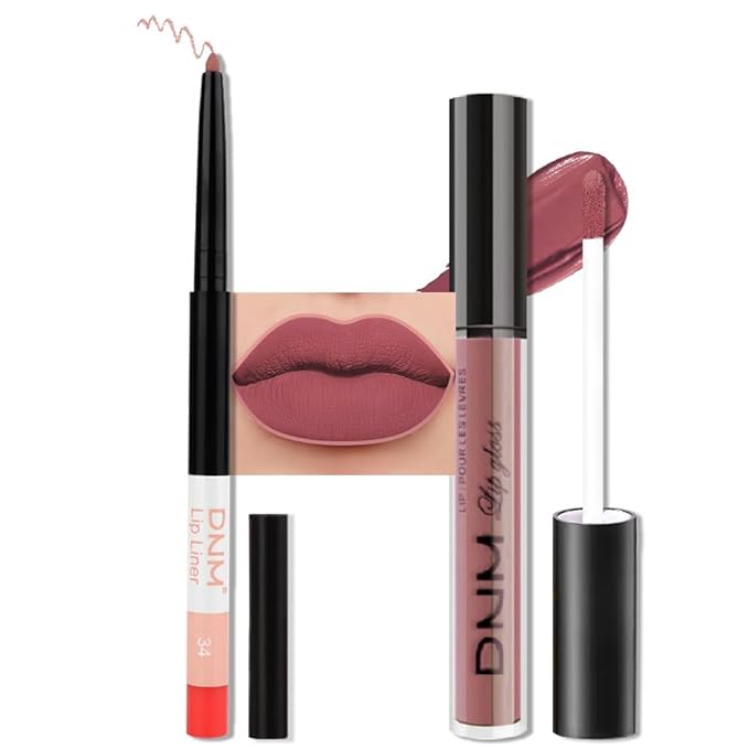evpct 2Pcs Brick Red Neutral Nude Color Lip Liner and Matte Lipstick Makeup Sets Vegan Lipstick Lip Liner and Gloss Set Lip Stain Long Lasting Waterproof 24 hrs, 34#