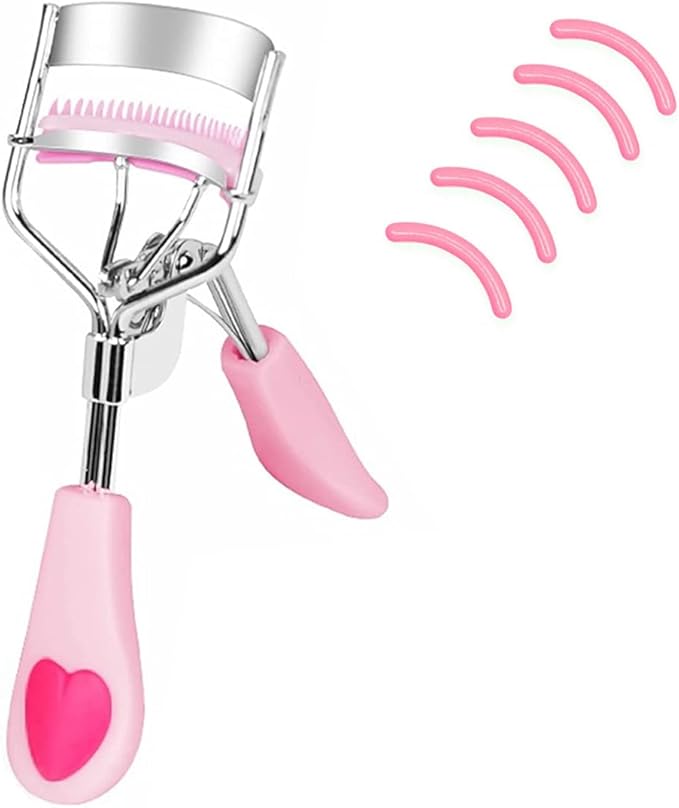 MERVK Stainless Steel Eyelash Curler with Built-in Comb Pinch Pain-Free Suitable for Any Eye Shapes and Sizes, with 5 Silicone Refill Pads (Peach Pink)