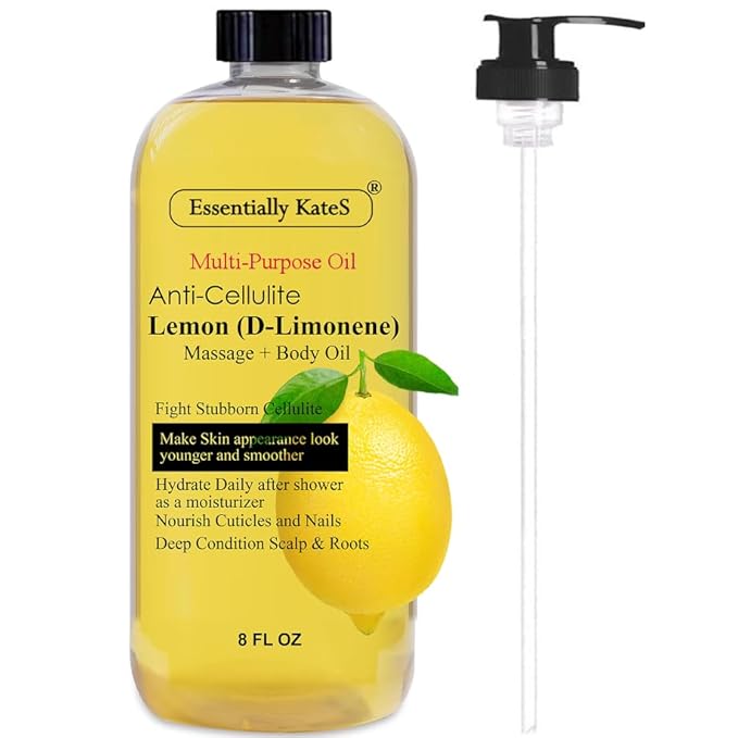 Essentially KateS Lemon (D-Limonene) Massage Lotion Body Oil Multi-Purpose Oil 8 Fl Oz - Cellulite Massage, After-Shower Moisturizer, Hair Scalp Conditioning, and Nail & Cuticles Nourishing