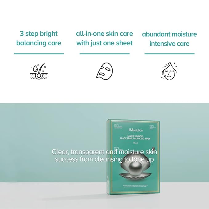 JMsolution Marine Luminous Black Pearl 3 Step Mask (10 Sets) | Bubble Cleanser + Black Sheet Mask + Finishing Cream | Oil & Moisture Balance Korean Skincare Set | K-Beauty Face Mask Kit