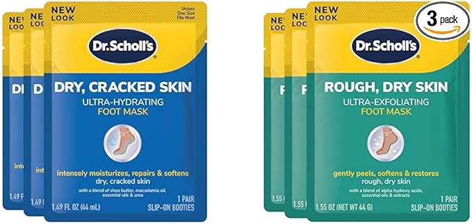 Dr. Scholl's Dry, Cracked Skin Ultra-Hydrating Foot Mask, Intensely Moisturizes & Rough, Dry Skin Ultra Exfoliating Foot Mask 3 Pack, Gently Peels and Softens