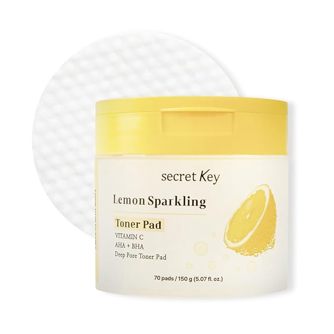 SECRETKEY Lemon Sparkling Toner Pads, Lemon & Vitamin C with AHA and BHA, For Radiant-Looking and Hydrated Skin, Daily Facial Pads for Dull Skin and Pores, Korean Skincare (6.00 oz / 170g)