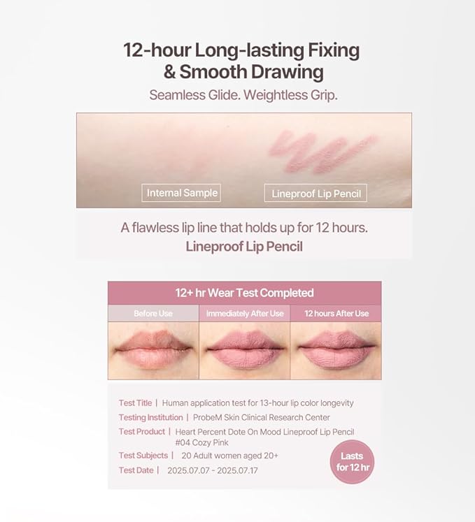 Heart Percent Dote On Mood Lineproof Lip Pencil, 12hr Long-Lasting Fixing & Smooth Drawing Creamy Lip Crayon Multi-Use Lipliner Retractable Overlip Line Color 0.8g (07. Dreamy Pink)