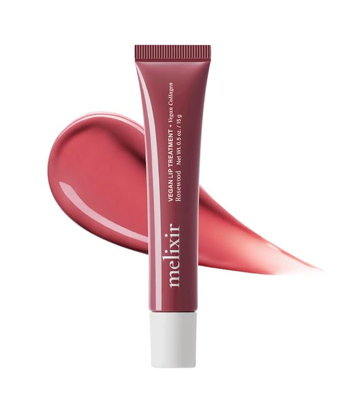Melixir Vegan Lip Treatment, Sheer Tinted Lip Balm for Instant Hydration & Shine, Moisturizing Lip Gloss, Infused with Vegan Collagen & Jojoba Oil, Cruelty-Free, Korean Skincare-6 Rosewood(0.5oz/15g)