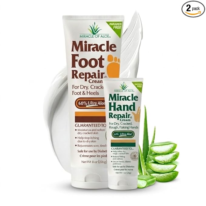 Miracle Foot Repair Cream, 8 oz + 1 oz Miracle Hand Repair, Healing Aloe Vera Lotions for Dry, Cracked Hands and Feet (8 oz Foot Cream + 1 oz Hand Cream)