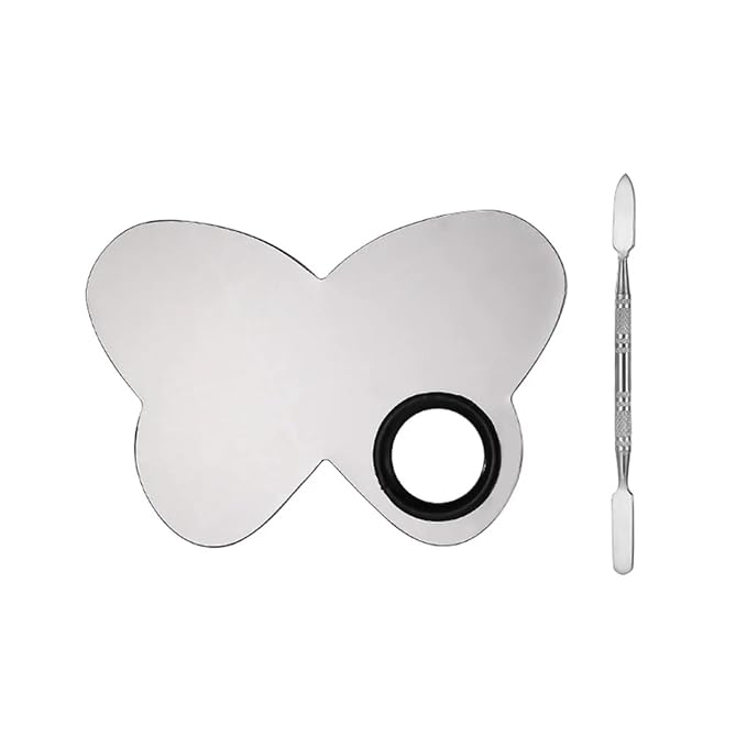 1Set Steel Butterfly Design Palette With Spatula Rods for Mixing Cream Pigments Make Up Gel Foundation Eye Shadow Nail Art Manicure Tool (Butterfly shaped color palette)