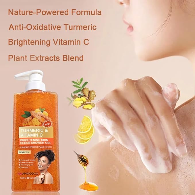 Turmeric Bar Soap & Turmeric Orange Vitamin C Body Wash with Cocoa Seed Exfoliant, Mattifying Scrub for Uneven Skin Texture, Body-Only Daily Use