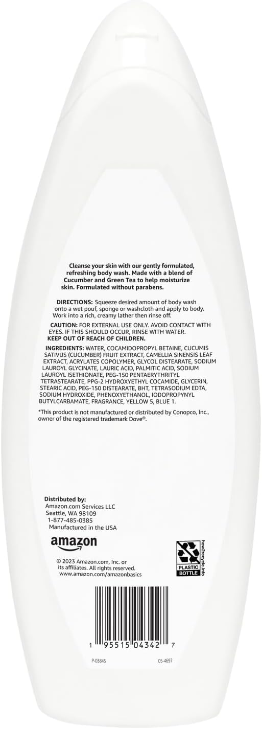 Amazon Basics Refreshing Nourishing Body Wash, Cucumber & Green Tea, Moisturizing, Paraben Free, Rich Lather, 22 fl oz (Pack of 2)