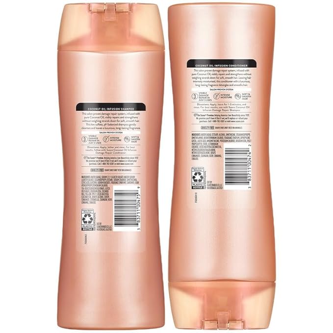 Suave Coconut Infusion Shampoo and Conditioner, Visible Damage Repair – Moisturizing Frizz Control Hair Products for Women & Men, 12.6 Oz Ea