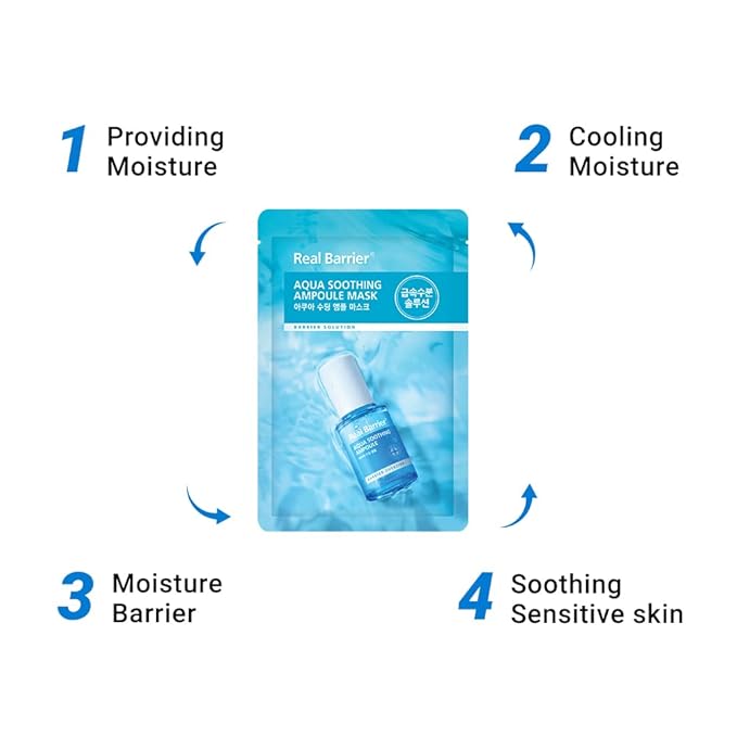 Real Barrier Aqua Soothing Ampoule Face Mask, 10ea, Low pH Korean Sheet Mask with Hyaluronic Acid, Cooling, Soothing, Clarifying, Hydrating