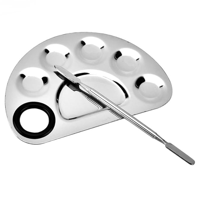 1Set of Semicircle 6-Dents Steel Nail Polish Cosmetic Makeup Blending Color Palette with Spatula, Painting Plate with Rod for Beauty Nail Art Salon Tool (Semi-circle six concave color palette)