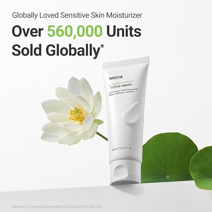 ROVECTIN Calming Lotus Cream – Lightweight Hydrating & Soothing Moisturizer Face Cream for Sensitive Skin | 75% Lotus Water Extract & Niacinamide for Anti-Aging | Vegan Korean Skincare (2.03 fl oz)