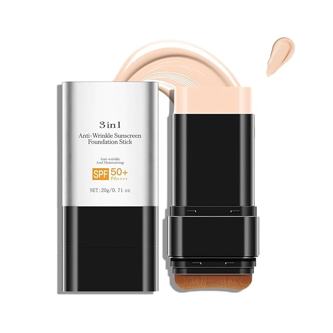 3 In 1-Luxury Anti-Wrinkle Foundation Stick SPF 50+ with Brush, Hydrating Non-Sticky Matte Foundation Stick, Travel Size Defense Face and Body Sunscreen Lotion, Light Color, 1.42 Fl Oz (Light)
