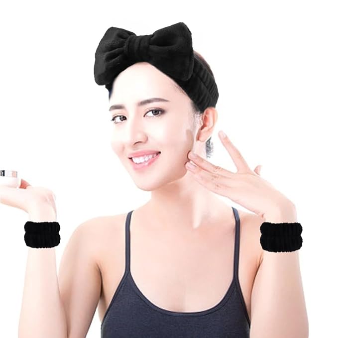 AOPRIE SPA Headbands for Washing Face Makeup Headbands with Bow Hair Band Women Facial Head Band Laurel Wrist Towel Wraps For Shower Face Mask Gray Black White Beige, 12 Pack