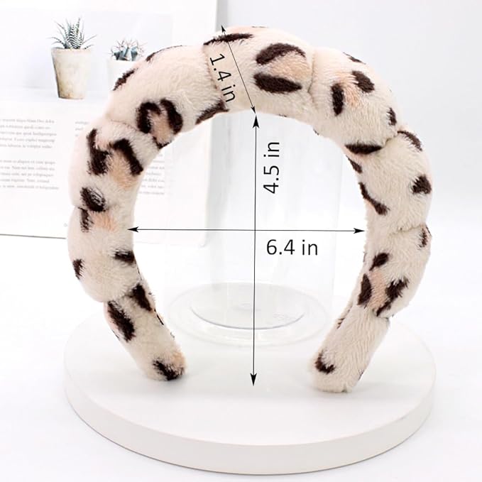 AOENJIE Spa Headbands for Washing Face or Makeup, Sponge Bubble Skincare Headbands, Puffy Terry Cloth Hairband for Women, Skin Care Makeup Headwear Hair Accessories for Girls (Leopard Khaki)