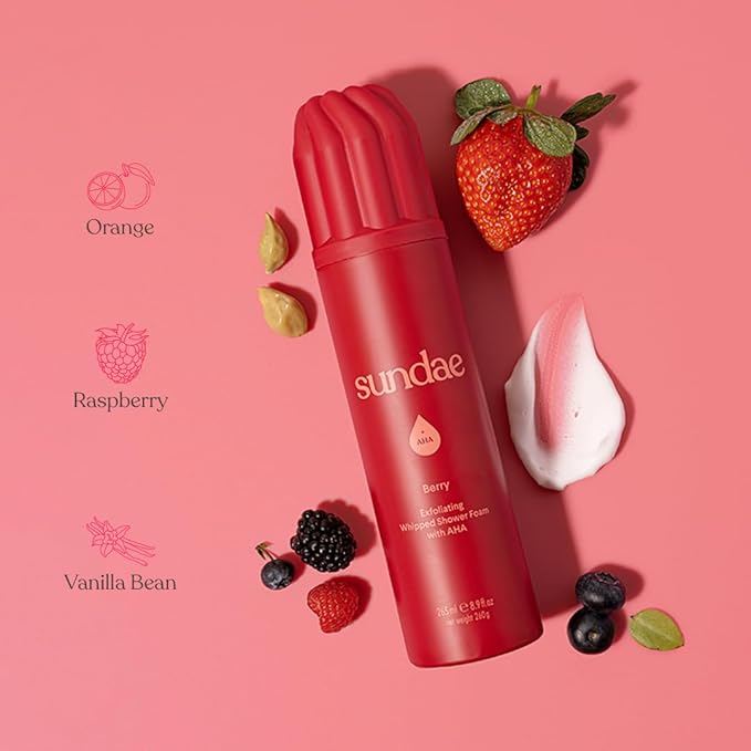 sundae Exfoliating Whipped Shower Foam Berry Foaming Body Wash with Glycolic Acid (AHA) for Clogged Pores 8.9 fl oz, 265ml