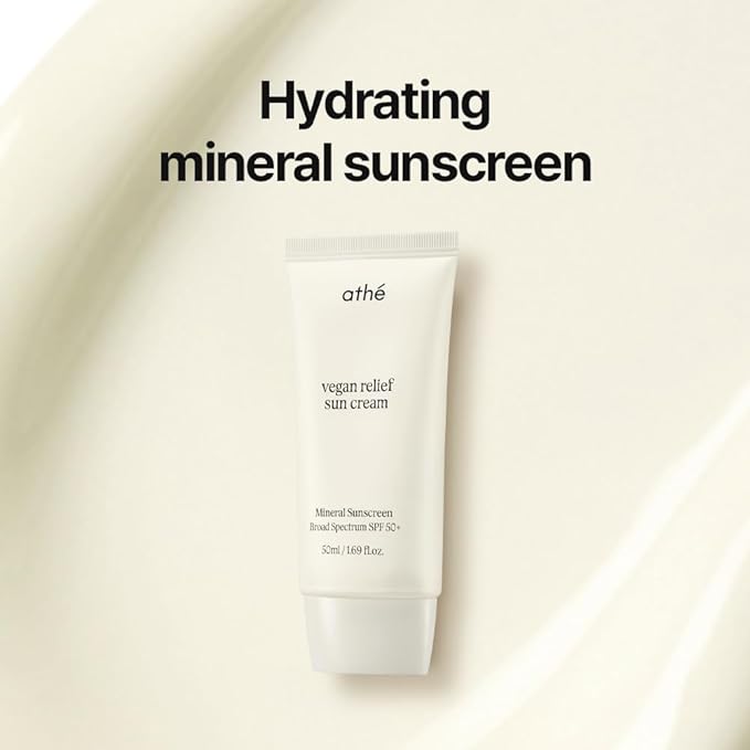 athé Vegan Relief Sun Cream SPF 50+ Broad Spectrum – Fragrance-Free | Sea Buckthorn Oil + 6-Type Hyaluronic Acid + Centella | No White Cast | Vegan K-Beauty | 1.69 fl.oz