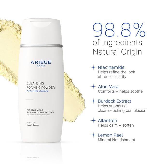 Gentle Face Cleanser Powder, Niacinamide Cleanser Face Wash for All Skin Types, Brightening Anti Aging Travel Face Wash, 98.8 Percent Natural, Made in France