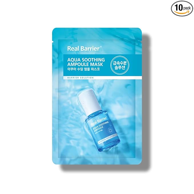 Real Barrier Aqua Soothing Ampoule Face Mask, 10ea, Low pH Korean Sheet Mask with Hyaluronic Acid, Cooling, Soothing, Clarifying, Hydrating