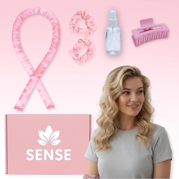 Heatless Curls Overnight Kit, 39" Satin Curling Rod – Frizz-Free No-Heat Waves for Long Hair, Comfortable to Sleep In, Includes 2 Scrunchies & Claw Clip (Pink)