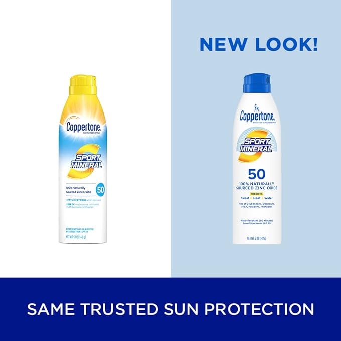 Coppertone SPORT Sunscreen Spray SPF 50, Zinc Oxide Mineral Sunscreen, Water Resistant, 5 Oz (Pack of 2)