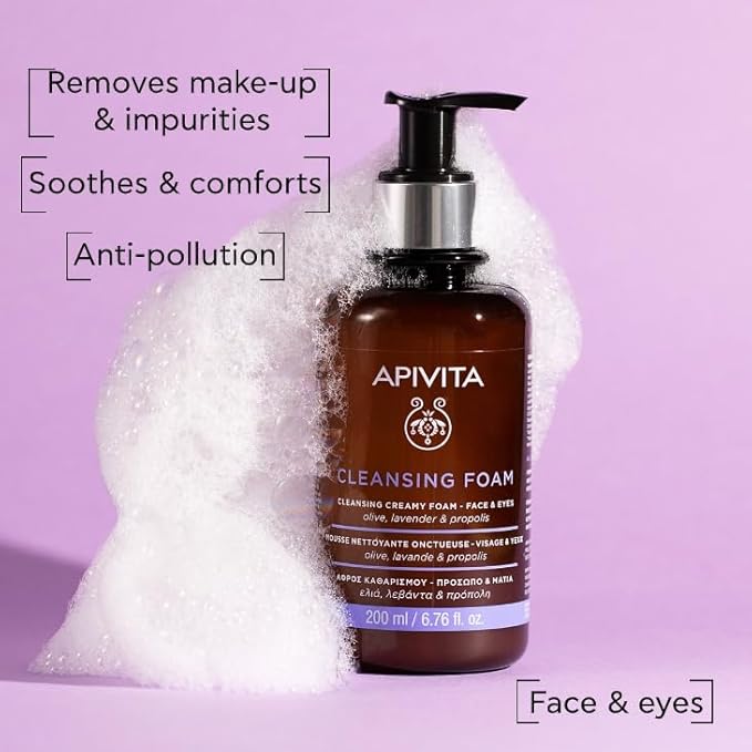 Apivita Cleansing Foam, Hydrating & Soothing Cleansing Creamy Foam for Face & Eyes with Olive, Lavender & Propolis