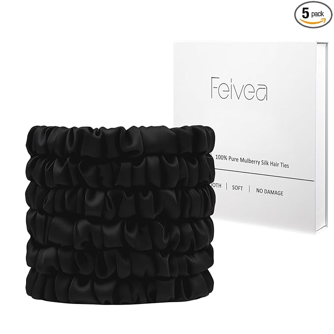 Silk Hair Ties 6Pcs, 22 Momme Pure 100% Mulberry Silk Scrunchies for Women, No Damage Silk Scrunchies for Hair, Black