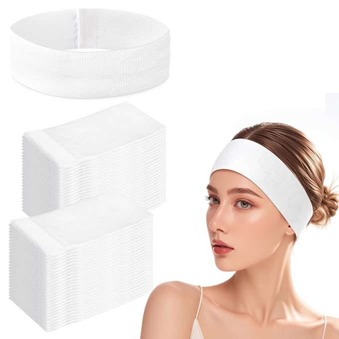 Clucycia 50PCS Disposable Headbands Spa Facial Hair Bands Elastic Non-woven Headband with Magic Tape Stretch Soft Skin Care Hair Band with Straps for Salons Supplies White