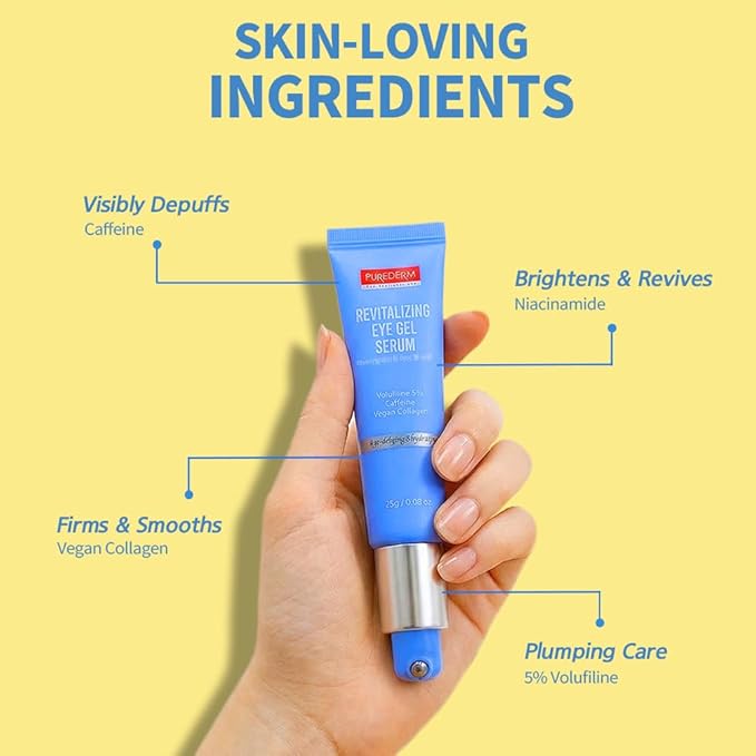Purederm Revitalizing Eye Gel – Cooling Under Eye Serum Roller with Caffeine and 5% Volufiline – Depuffing Puffy Eyes, Dark Circles & Fine Lines – Daily Use, 0.88 oz
