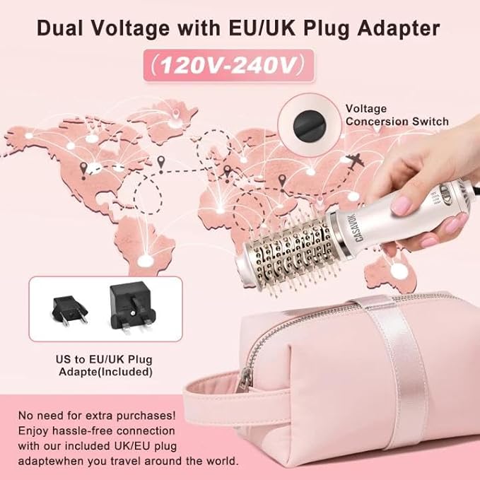 Dual Voltage Hair Dryer Brush for Travel,4 in 1 Blow Dryer Brush,2 Inch Mini Hot Air Brush for Short Hair,Volumizer,110-240V Dual Voltage with European Plug Adapter,OvalBrushBlowDryer for Women(Pink)