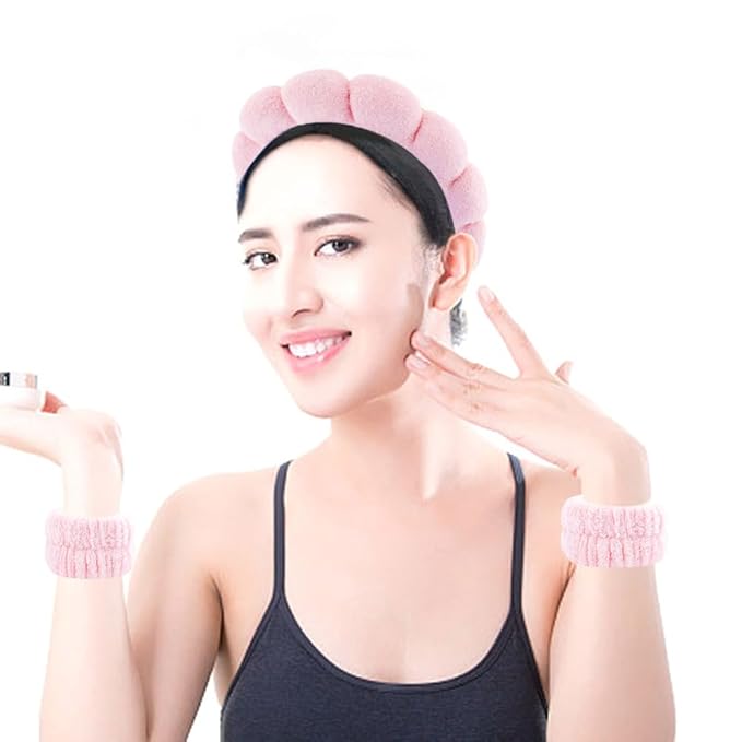 SPA Headbands for Washing Face Makeup Headbands with Bow Hair Band Women Facial Head Band Wrist Towel Wraps For Shower Face Mask Pink White, 6 Pack