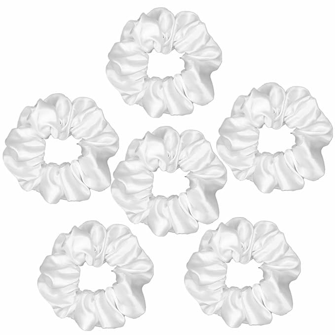 6 Pcs Satin Silk Scrunchies - Soft Hair Ties, Fashion Hair Bands, Bows, Elastic Bracelets, Ponytail Holders Hair Accessories for Women and Girls (4.5 Inch, Pure White)